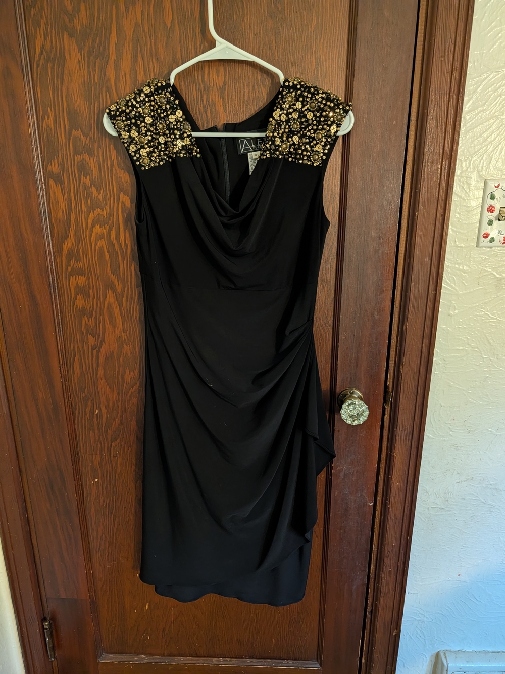 Alex Evenings Black Dress with Gold Beaded Shoulders